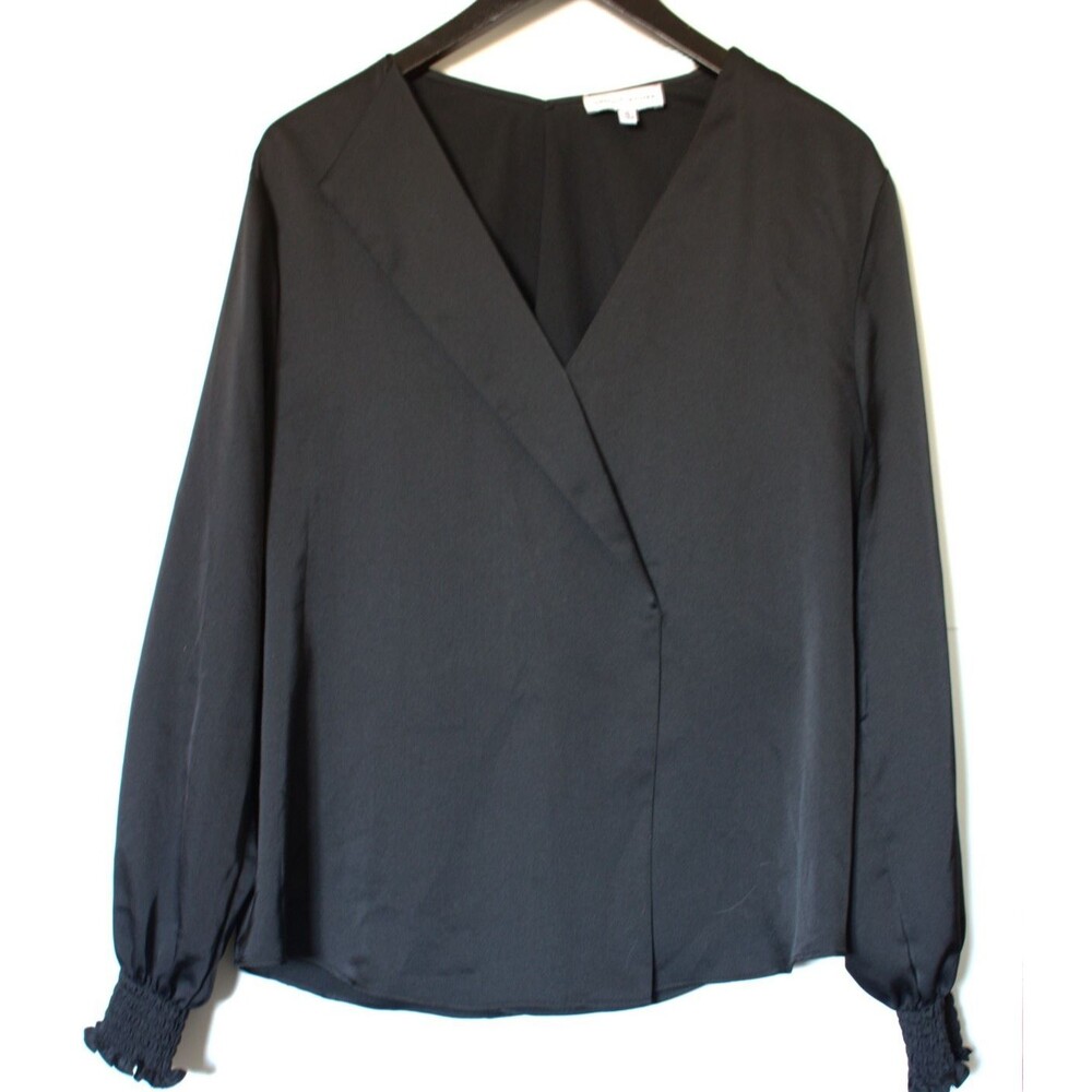 Gibson Latimer Size XL Sleek Black Top Satin Style Dress Blouse Gathered Sleeve